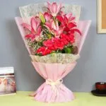 Lilies Carnations Pink Wrap Bouquet