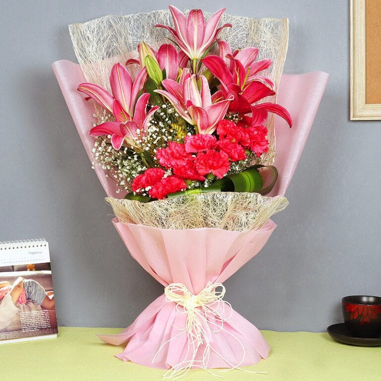 Lilies Carnations Pink Wrap Bouquet